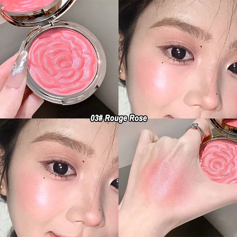 Rose Embossed Blush Powder, Shimmery Finish, Multiple Pink Shades Available, Floral Texture Design, Ideal for Daily Face Makeup