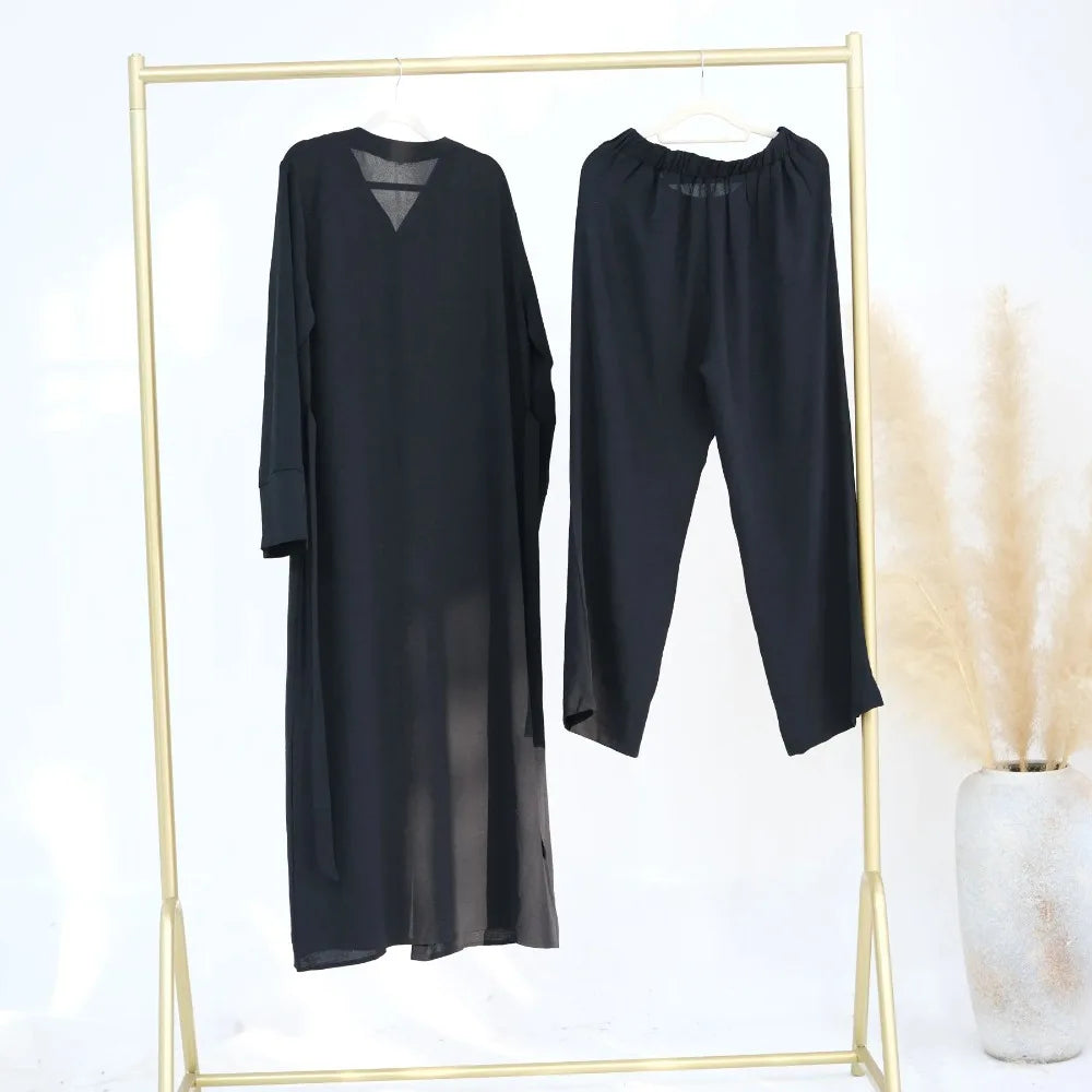 Eid Women Button Up Abaya Straight Pant 2 Piece Set  Muslim Sets Ramadan Dubai Elegant Musulman Ensembles Arab Long Pant Morocco