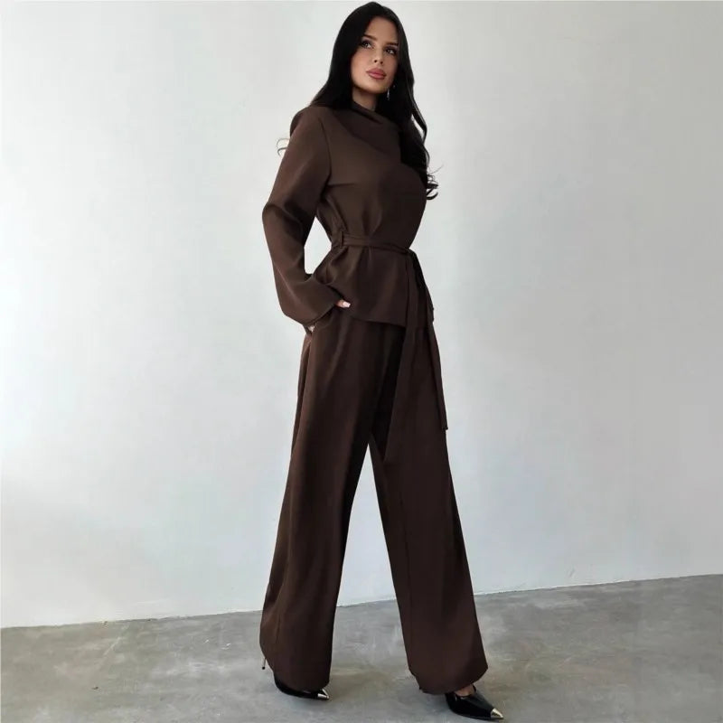 Simple Style Two Piece Outfit 2 Pieces Set For Woman New In Matching Sets Loose Wide Leg Trouser Solid Color All-match Commuting