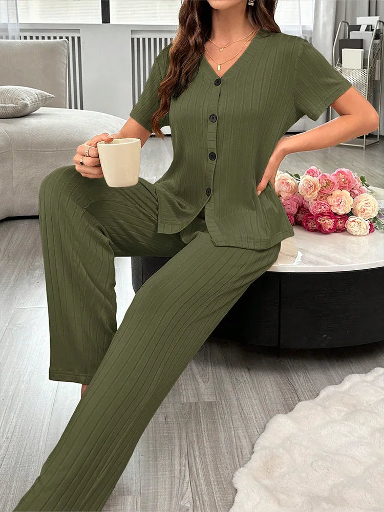 Women Summer Pajamas Set Short Sleeve V-neck Solid Rib T-shirt with Pants Loose Sleepwear Homewear Female Casual Loungewear