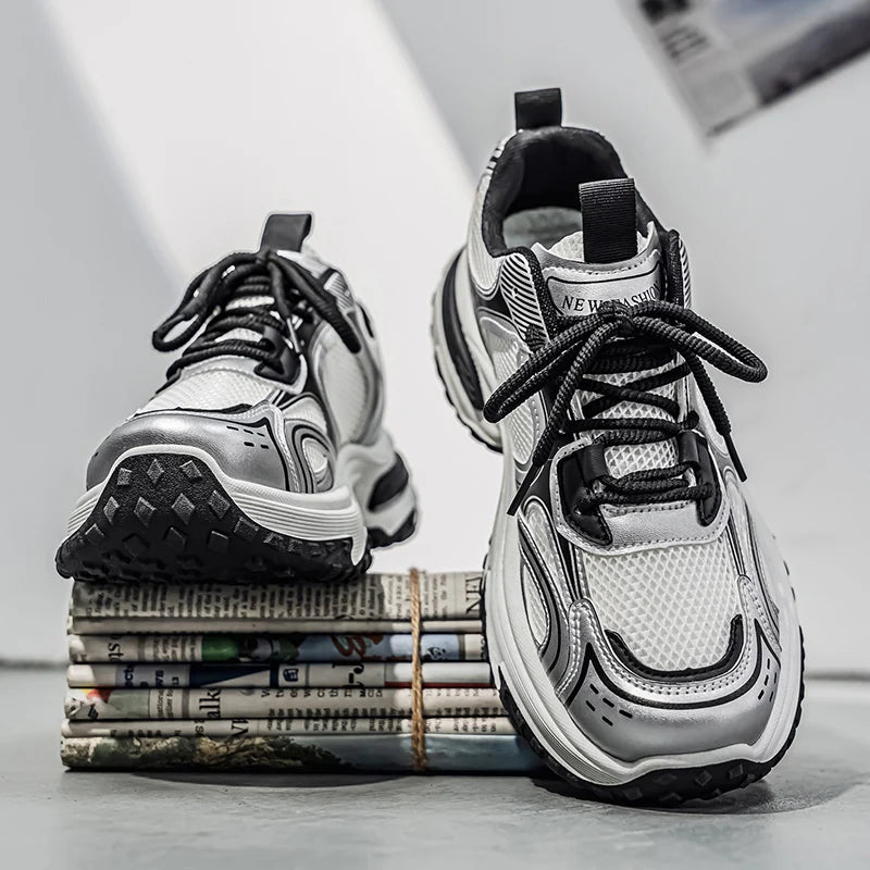 Trendy Unisex Chunky Dad Sneakers | Silver Black Retro Couple Shoes | Breathable Mesh Casual Platform Shoes