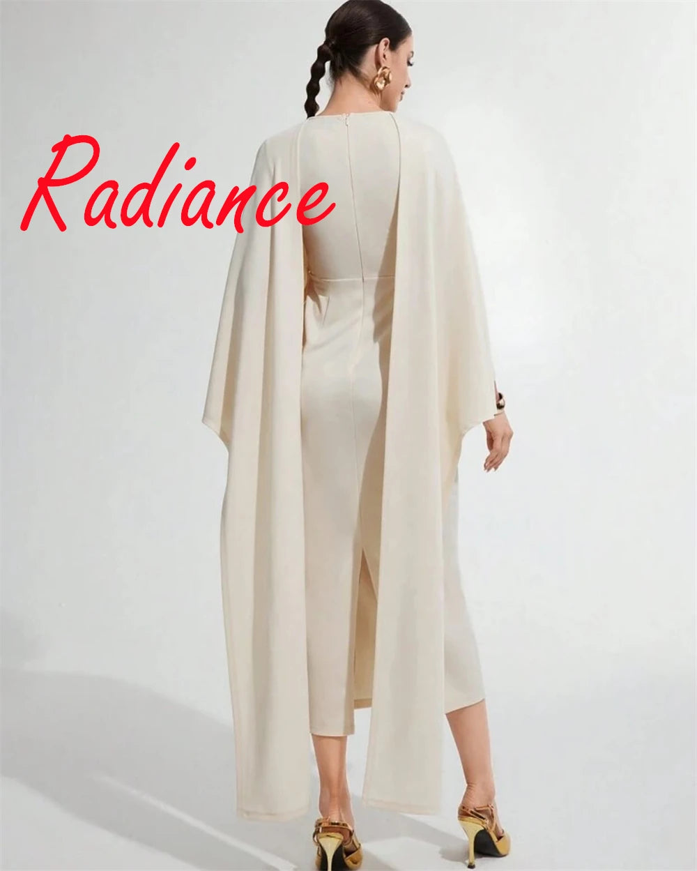 Customized Classic Ivory Satin Evening Dress Temperament Crew Neck Shawl Long Sleeves Zipper Back Bespoke Occasion G