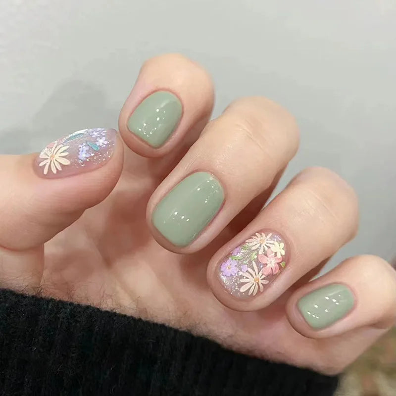 24Pcs Short Almond Press-On Nails Pink Floral French Tip Glossy&Elegant Full Cover Fake Nails for Women&Girls Spring,Daily Wear