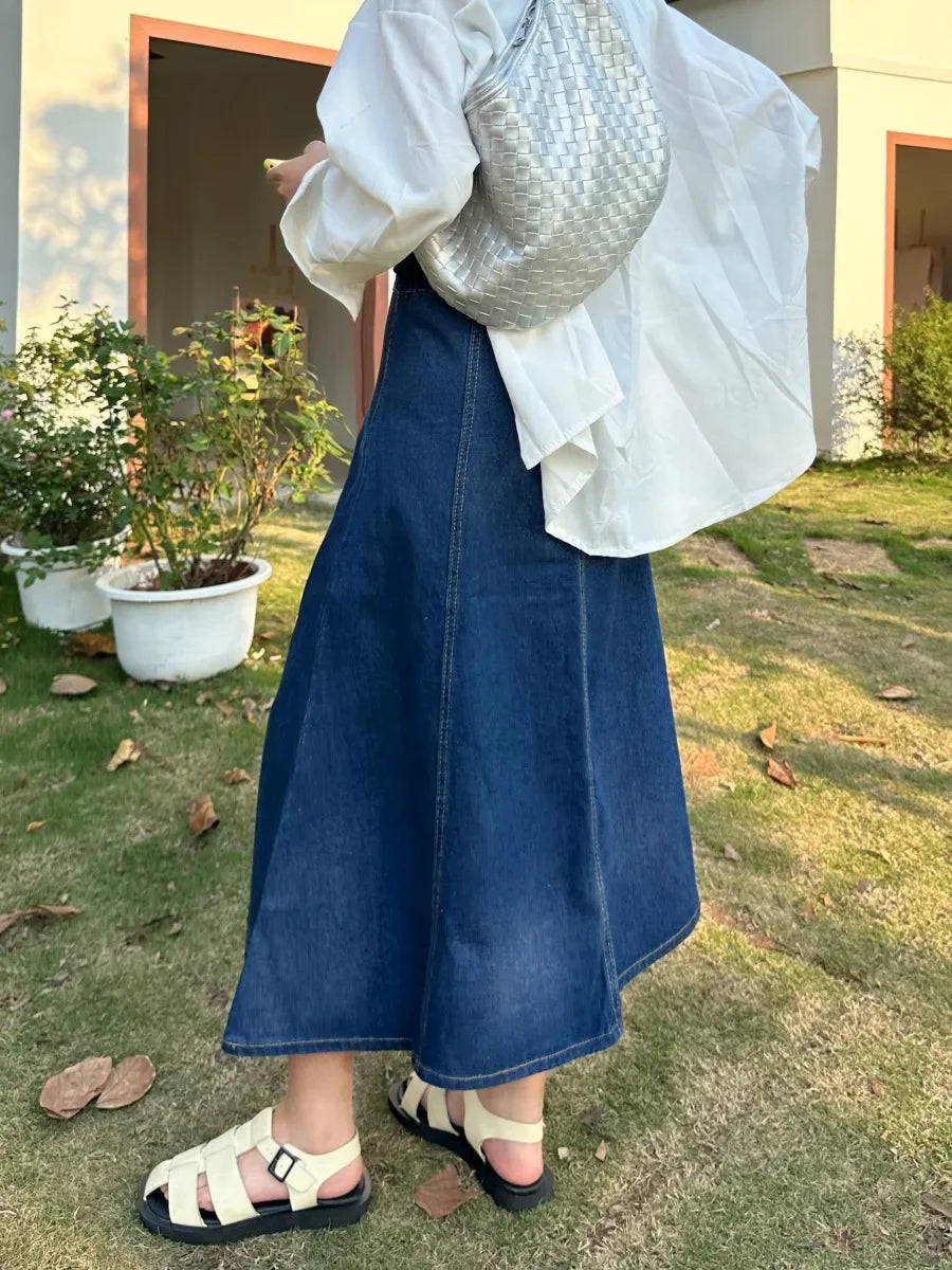 High Waist A- Line Midi Denim Skirt Women's Elastic Waist Design Sensation Slimming Long Skirt Summer Fashion Half-length Skirt