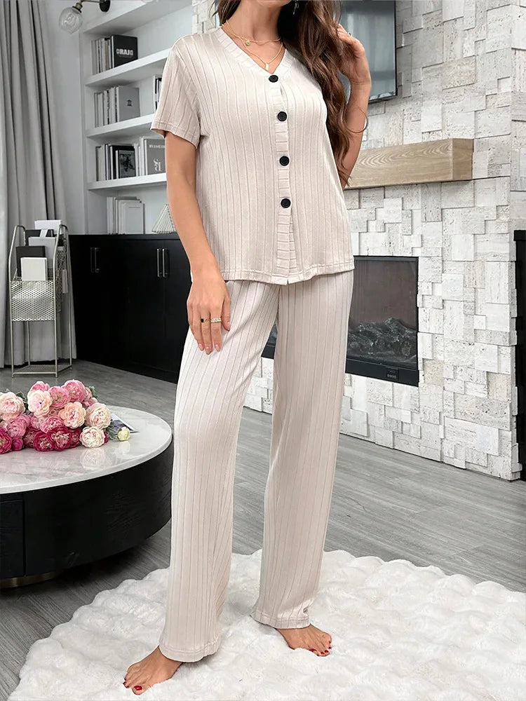 Women Summer Pajamas Set Short Sleeve V-neck Solid Rib T-shirt with Pants Loose Sleepwear Homewear Female Casual Loungewear