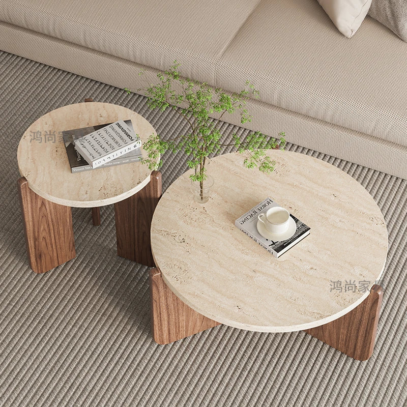 Wabi Sansan Solid Wood Travertine Coffee Table Household Coffee Table Living Room Minimalist Round Natural Travertine Rock Slate