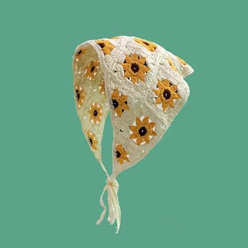 Korean Sweet Cute Handmade Crochet Hollow Triangle Headband Towel Women Spring and Summer Travel Literary Photo Hair Scarf