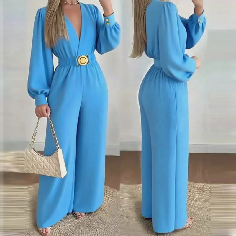 V Neck Solid Long Jumpsuits Fashion Commuting Belt Lace-Up Puff Sleeves Wide Legger Romper Casual Long Sleeve Women's Playsuit