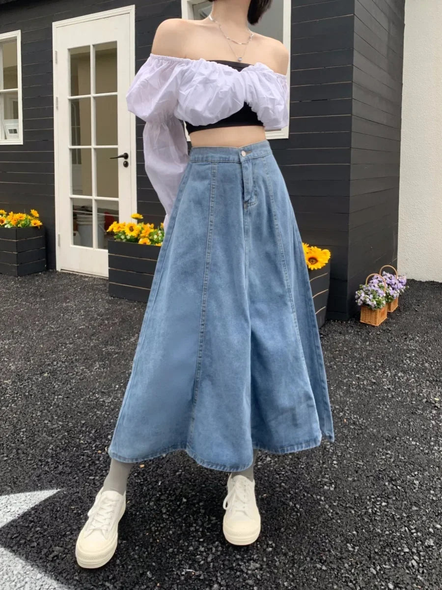 High Waist A- Line Midi Denim Skirt Women's Elastic Waist Design Sensation Slimming Long Skirt Summer Fashion Half-length Skirt