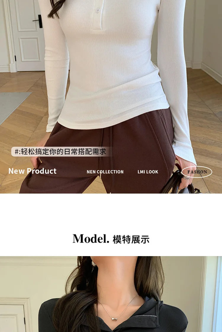 Half-buttoned Hooded Sweatshirt for Women Autumn Winter Striped Inner Layering Shirt Slim Long-sleeved Top T-shirt