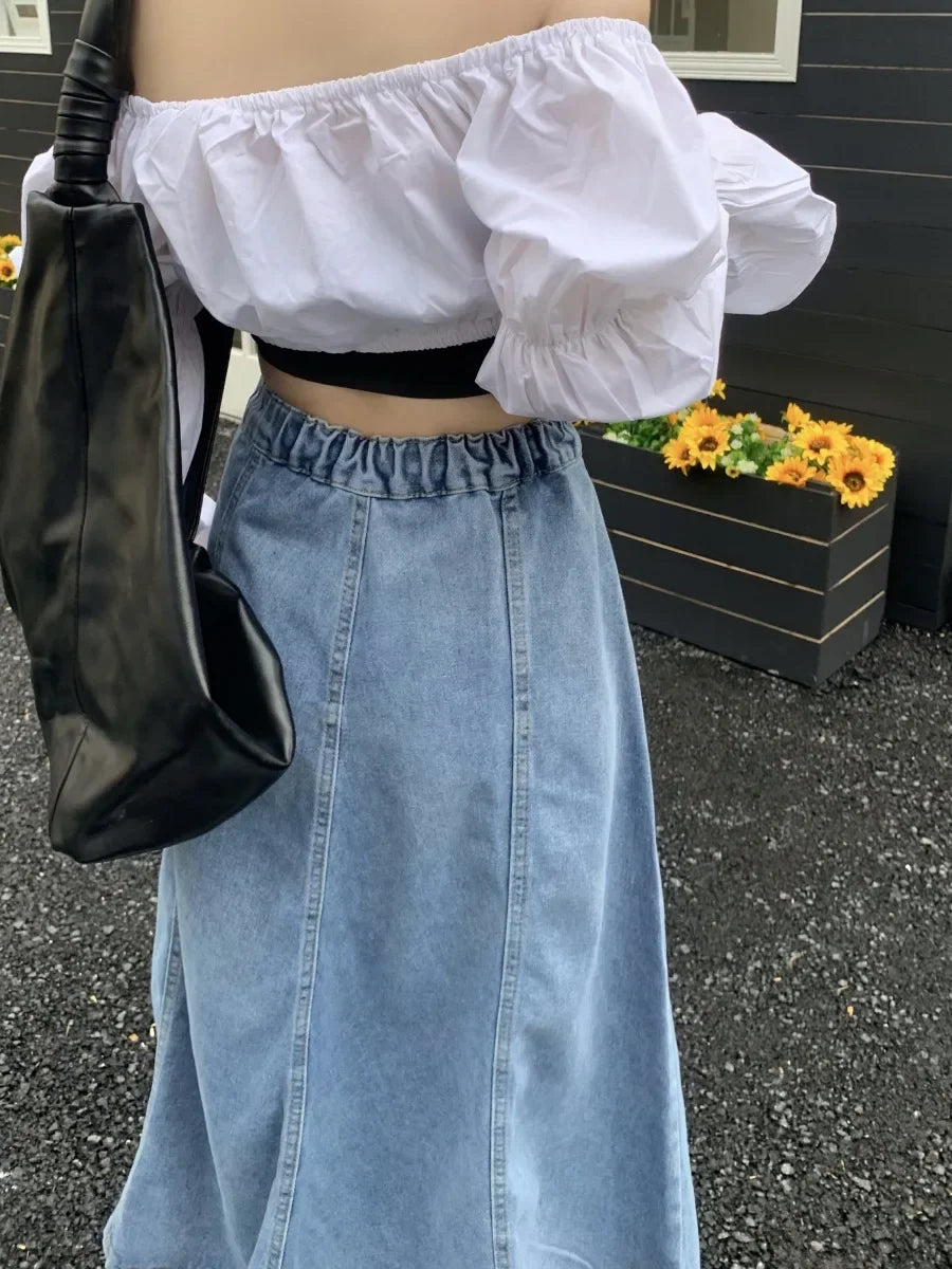 High Waist A- Line Midi Denim Skirt Women's Elastic Waist Design Sensation Slimming Long Skirt Summer Fashion Half-length Skirt
