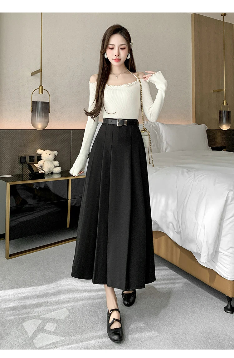 [EWQ] Elegant Solid Color Mid-Length All Match Skirt For Women 2026 Spring Summer Loose High Waist A-Line Pleated Skirts 16O9169