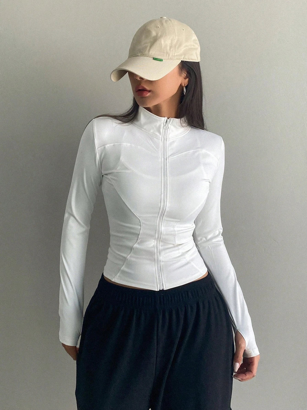 Women's Sport Zipper Closure Slim Fit Crop Jacket Solid Color Stand-up Collar Long Sleeve Yoga Clothes Spring/Autumn Streetwear