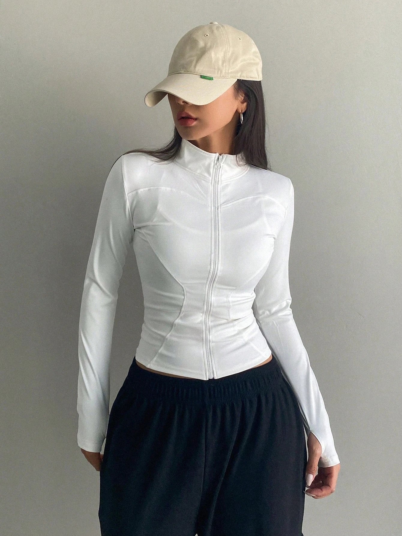 Women's Sport Zipper Closure Slim Fit Crop Jacket Solid Color Stand-up Collar Long Sleeve Yoga Clothes Spring/Autumn Streetwear