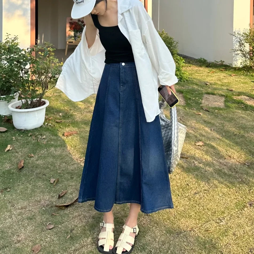 High Waist A- Line Midi Denim Skirt Women's Elastic Waist Design Sensation Slimming Long Skirt Summer Fashion Half-length Skirt