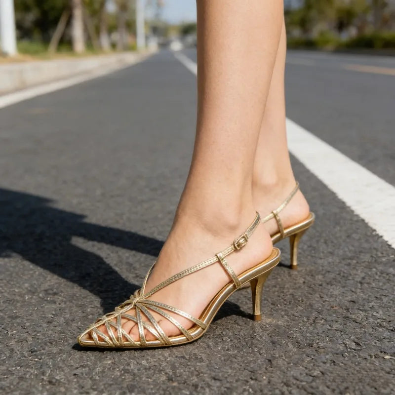 Luxury Gold Narrow Strap Heeled Sandals Women Sexy Pointed Toe Back Strap Roman Style Pumps Elegant Fashion Banquet Wedding Shoe
