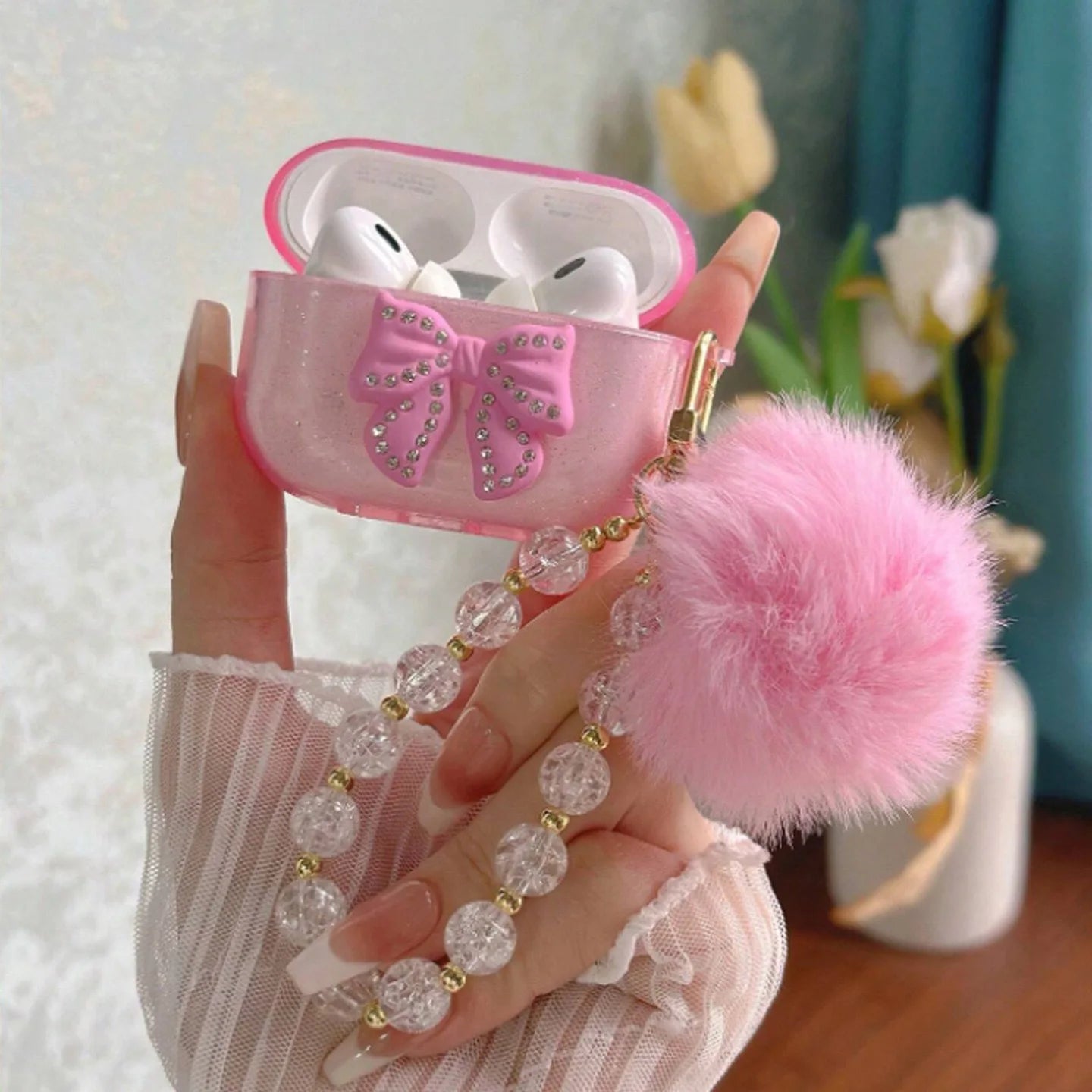 For Airpods Pro3/Pro2/Pro Case Cute Glitter Bowknot Crystal Earphone Protective Cover Pendant For Airpods 4/3/1or2 Earbuds Case
