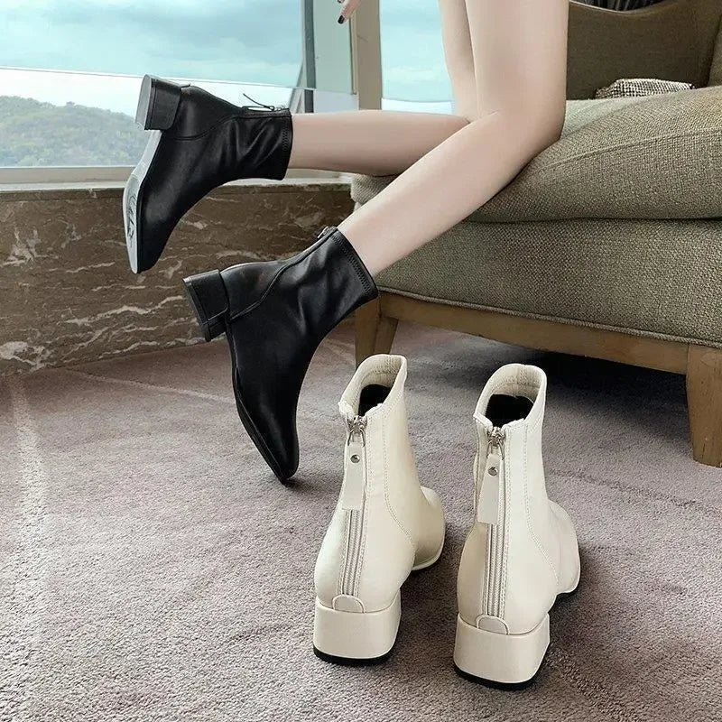 Women's Winter Short Boots White Fleece Lined Square Toe Booties Spring Autumn Seasonal Fashionable Thick Heel Ankle Boots
