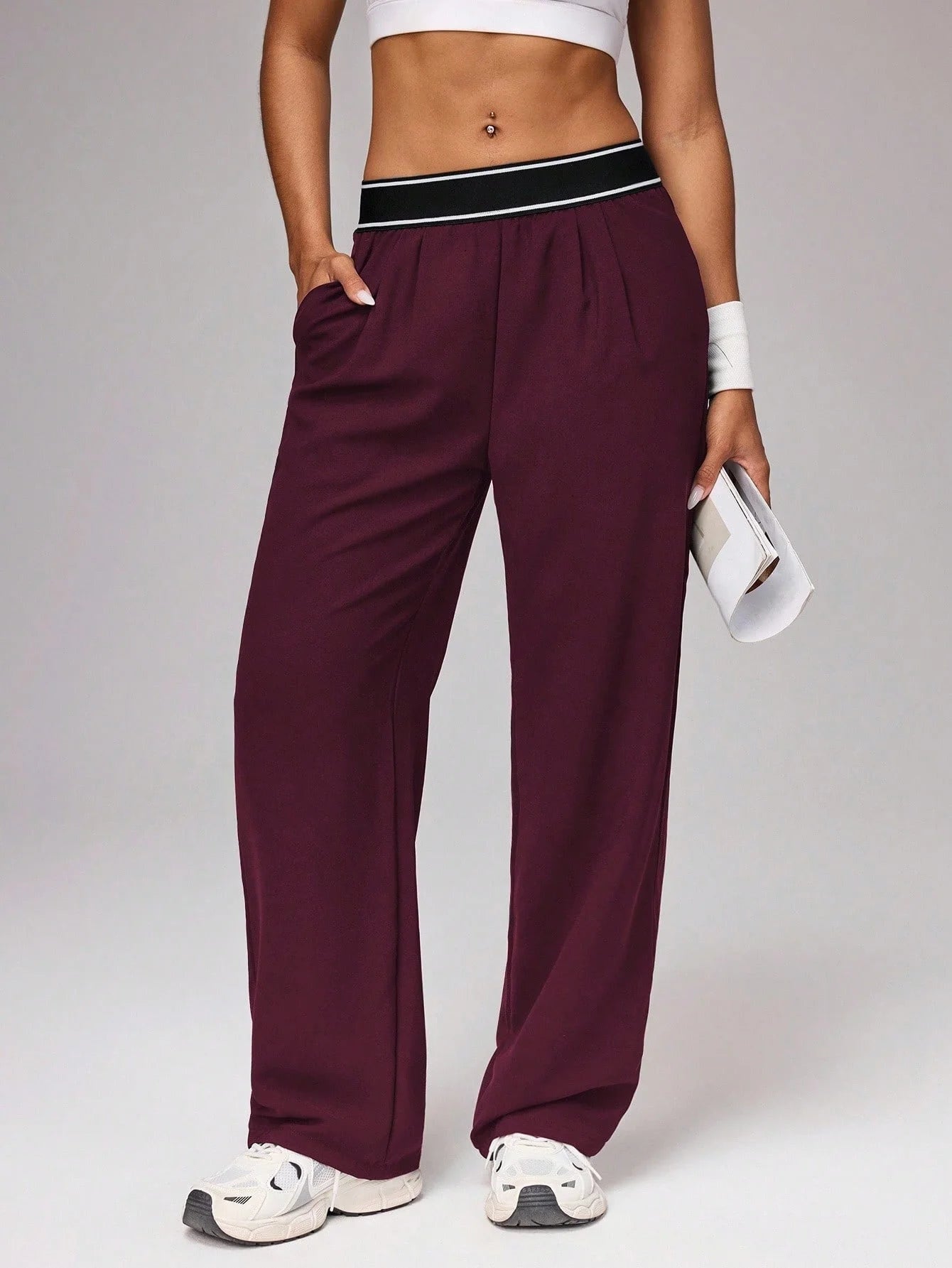 Women's High Waist Wide Leg Pants, Striped Waistband Loose Fit Casual Trousers, Lightweight Breathable Workout Joggers