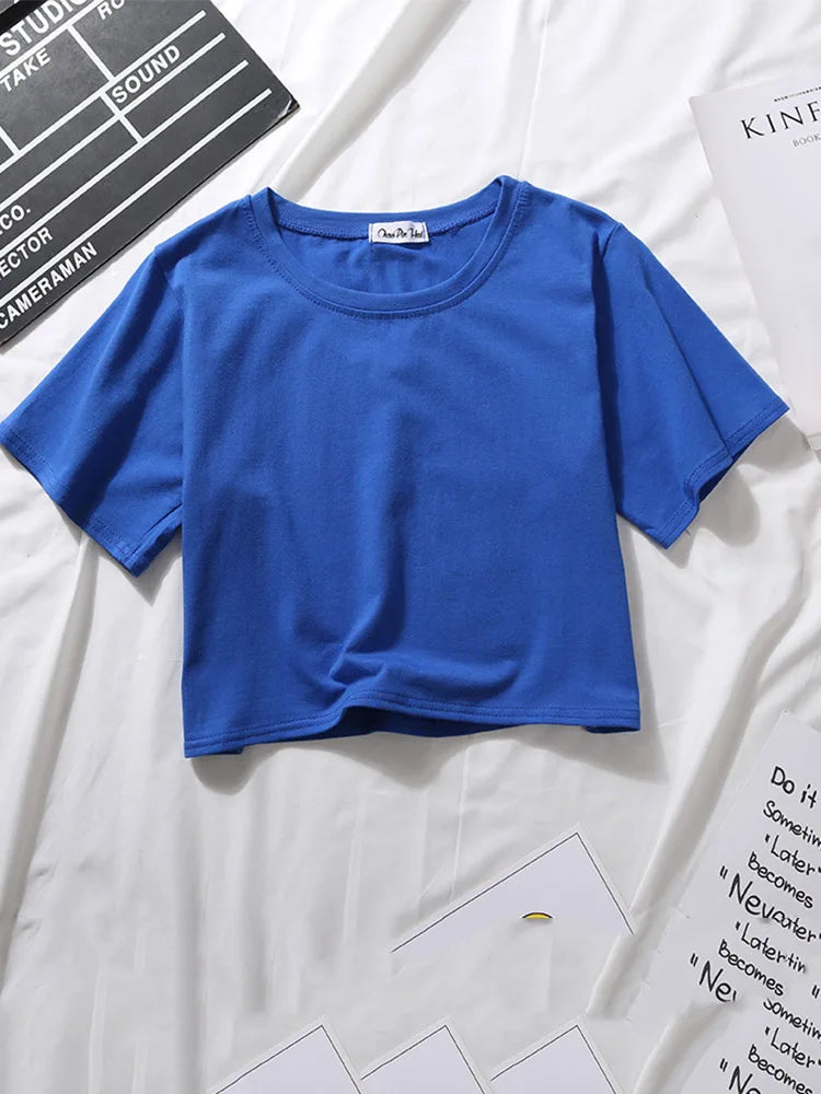 2023 Summer Short Sleeve T Shirts Women Cotton Solid T-shirt O Neck High Waist Crop Top Tee Female Casual Loose T Shirt