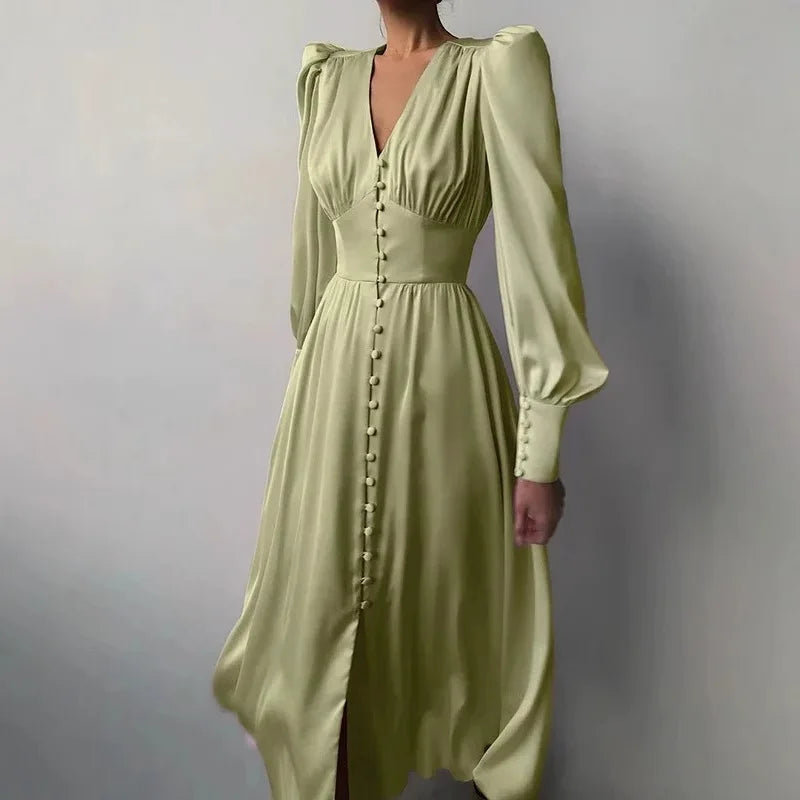 2026 Women's Fashion Satin Dress Lantern Sleeve Waist Slimming Style Elegant Slim Long Dress