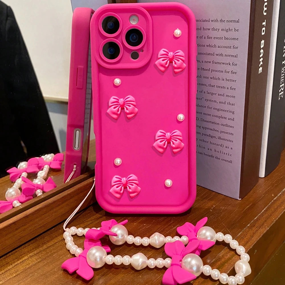 Pearl Bow Chain Phone Case For Redmi Note 14 13 12 11 10 9 8 Pro Plus 11s 13C 12C Women Silicone Back Cover