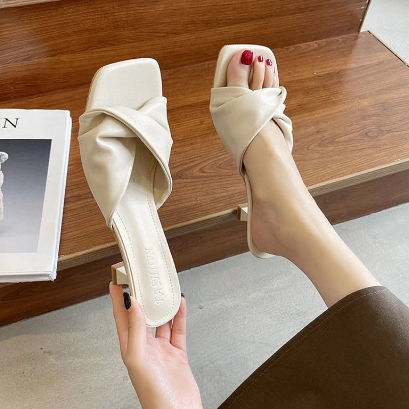 Fashion Summer Women Shoes New Handmade Square Open Toe High Heels Outdoor fashion Slippers Apricot Off white size 35-40