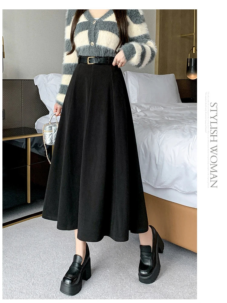 Elegant High Waist A-Line Midi Skirt Women's Fashion Slimming Skirts Autumn Winter New Style Loose Flared Mid-Length Skirts