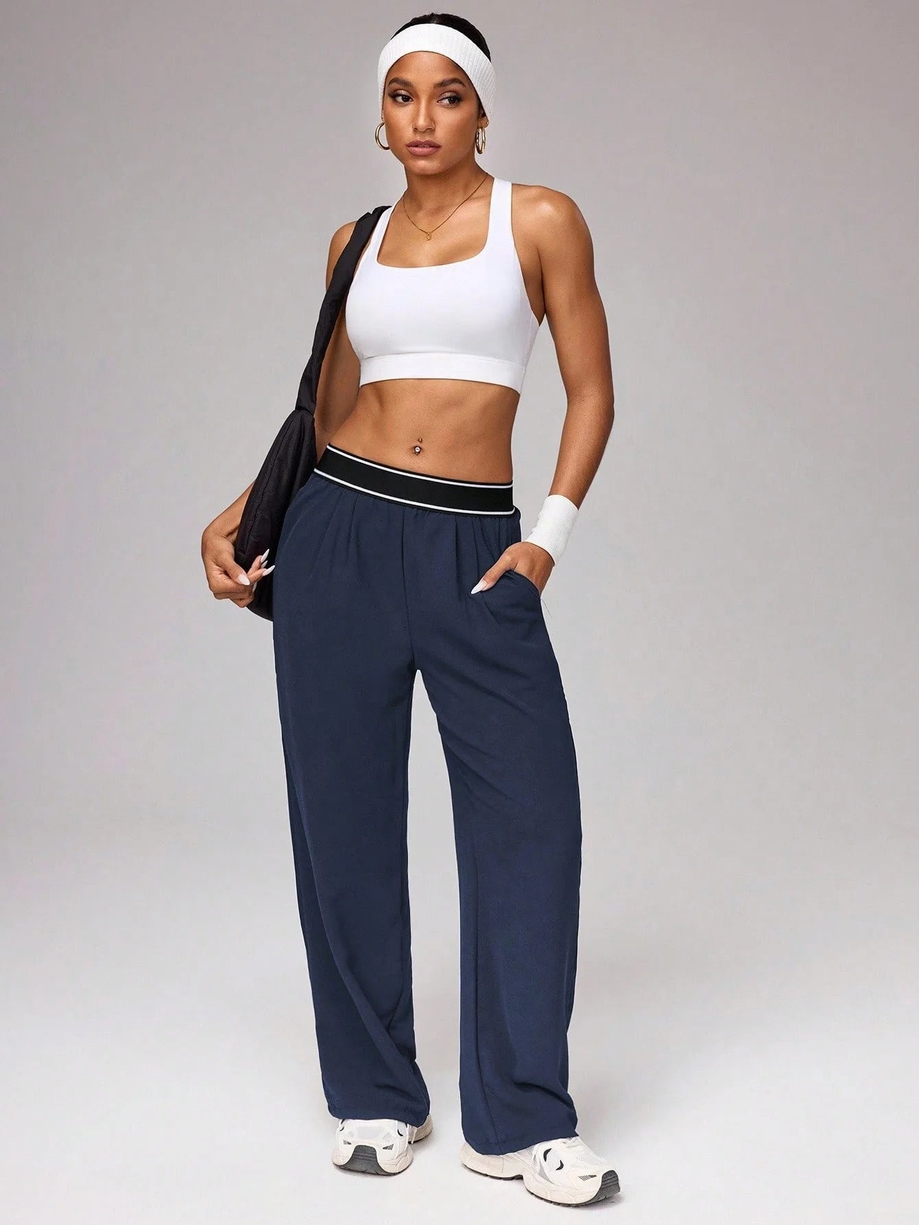 Women's High Waist Wide Leg Pants, Striped Waistband Loose Fit Casual Trousers, Lightweight Breathable Workout Joggers