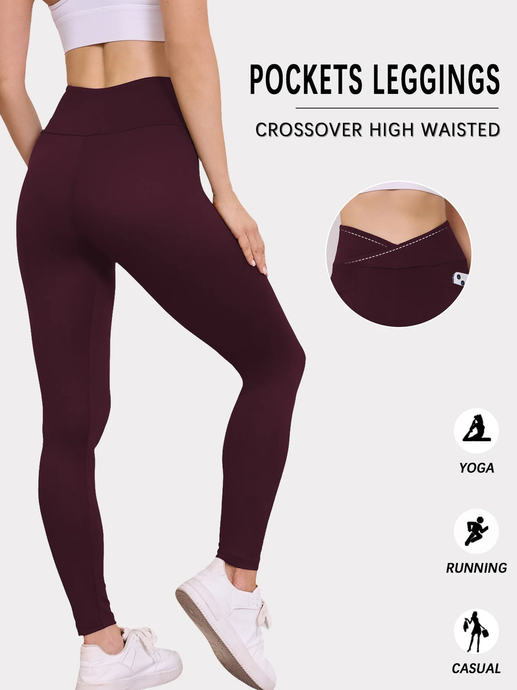 Women's Super Soft Crossover High Waisted Legging With Pockets Tummy Control No See Through Workout Yoga Running Leggings