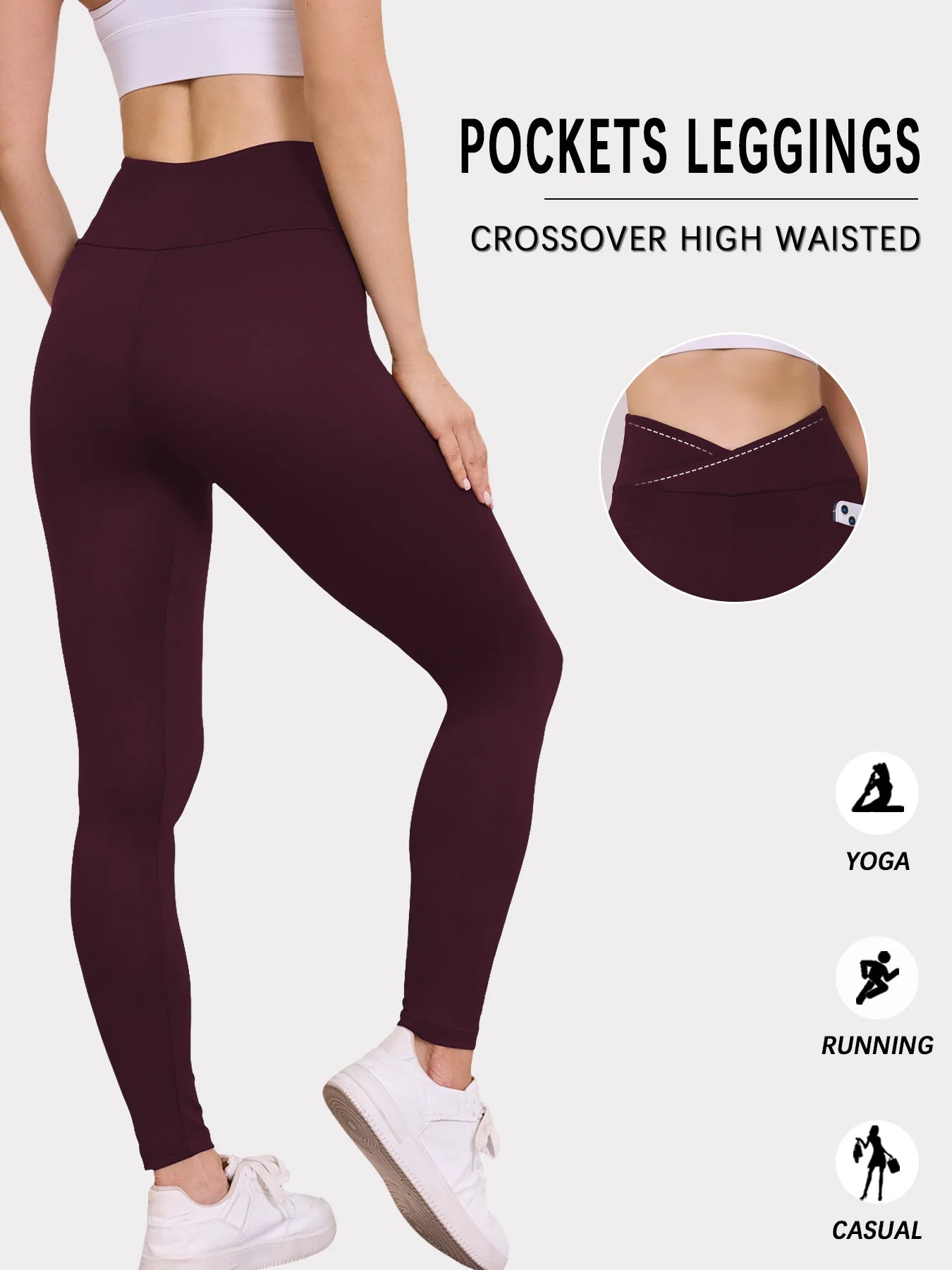 Women's Super Soft Crossover High Waisted Legging With Pockets Tummy Control No See Through Workout Yoga Running Leggings