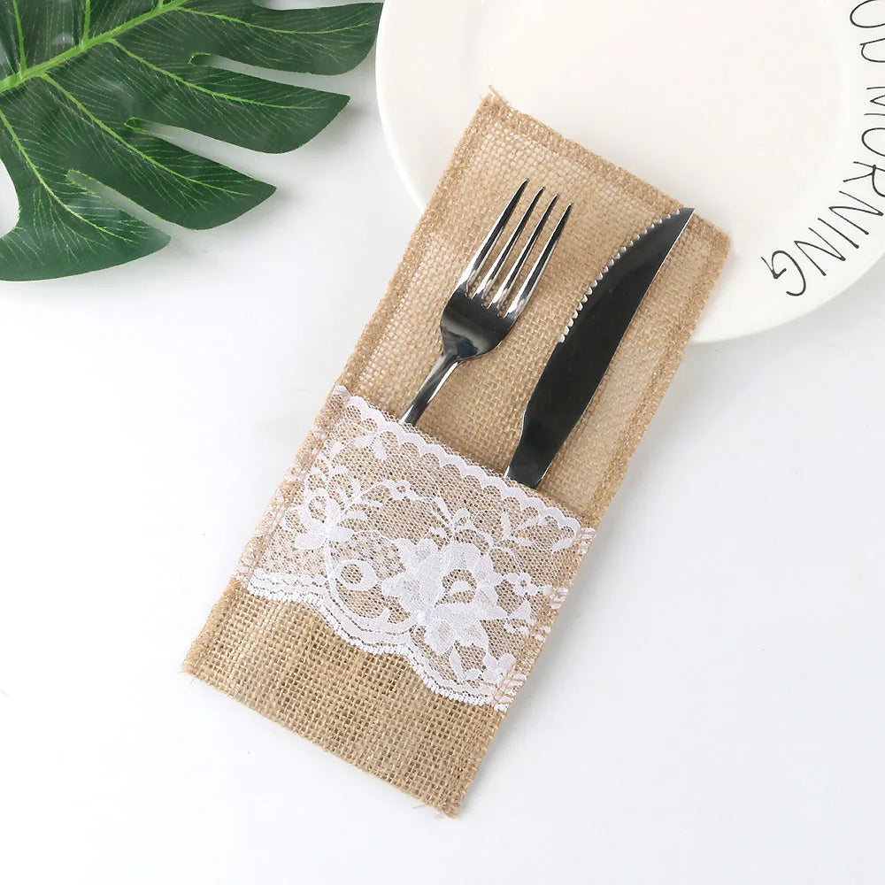 Burlap Lace Cutlery Pouch