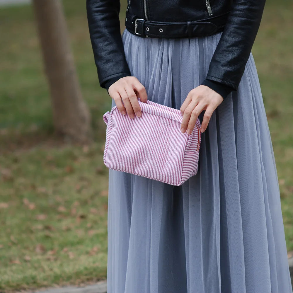Seersucker Ruffle Cosmetic Bag – Pink/Purple Stripes
