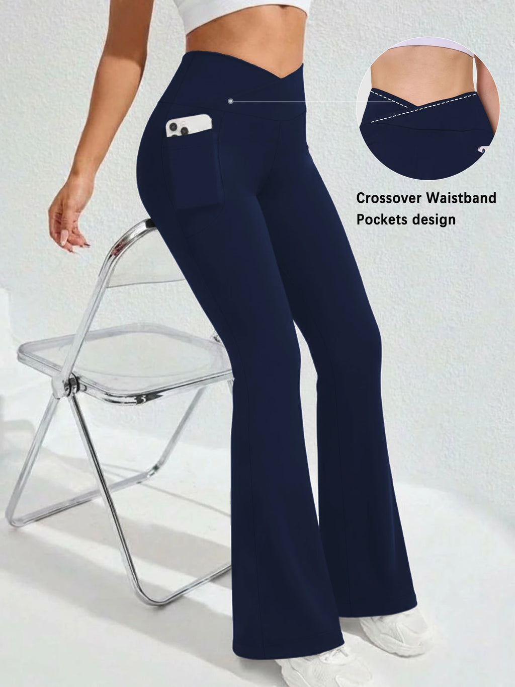 Women's Super Soft Crossover High Waisted Flare Legging With Pockets, Tummy Control Yoga Bootleg Bell Bottoms