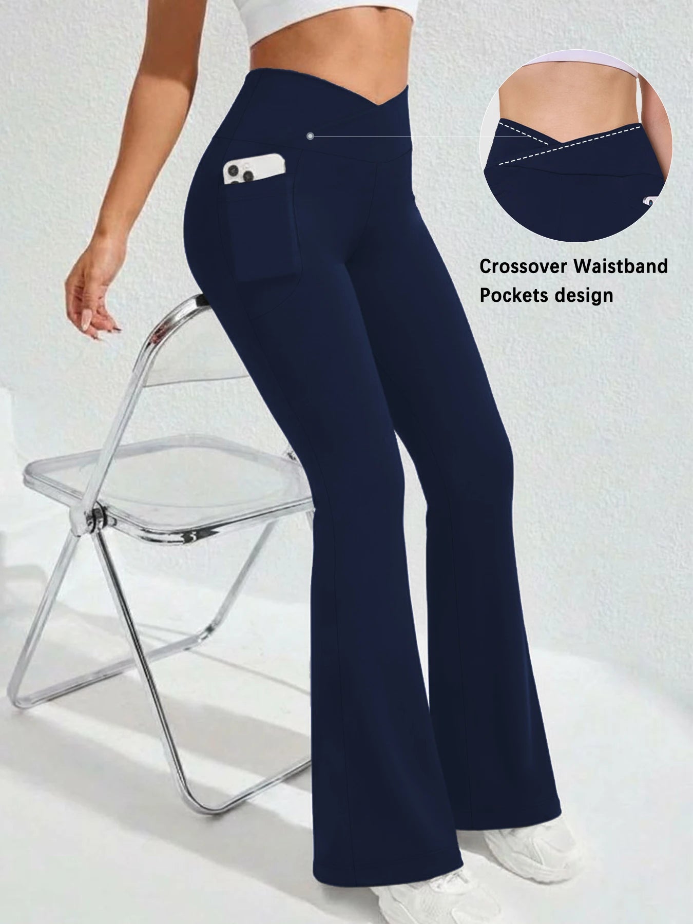 Women's Super Soft Crossover High Waisted Flare Legging With Pockets, Tummy Control Yoga Bootleg Bell Bottoms