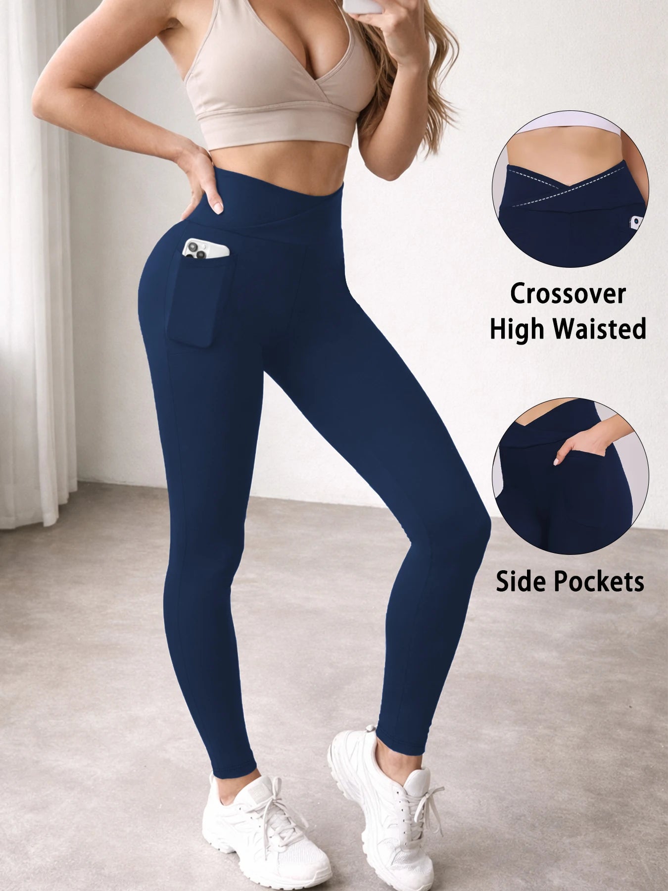 Women's Super Soft Crossover High Waisted Legging With Pockets Tummy Control No See Through Workout Yoga Running Leggings