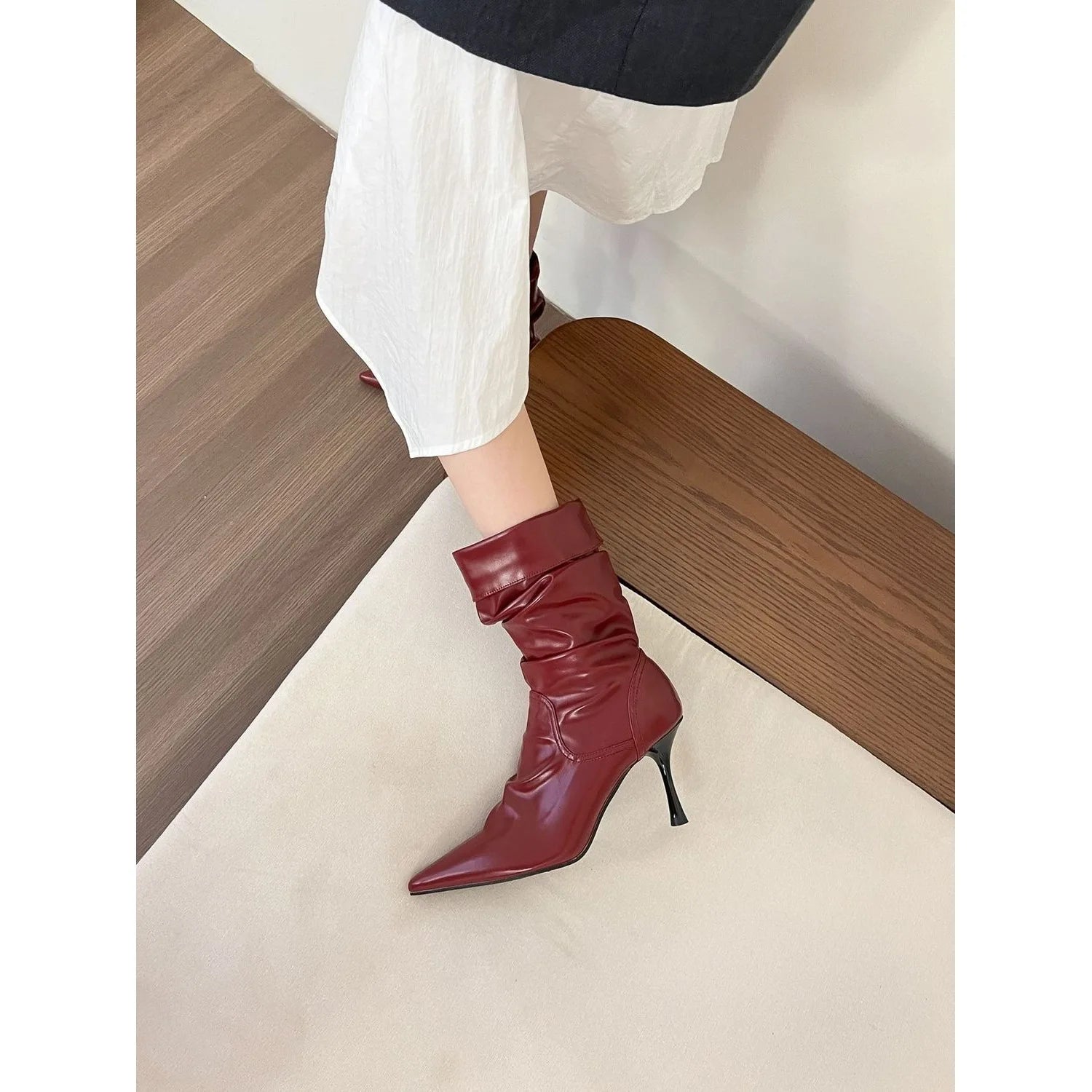 Elastic Short High Heel Boots Women's Autumn Winter Pointed Toe Slim Fit Pleated Booties Mid-Calf Faux Leather Rubber Sole