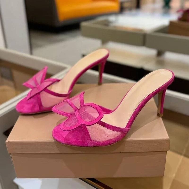 2025 New High Heels Slippers Women Mesh Big Butterfly-knot Thin Heels Lazy Sandals Summer Slides Fashion Party Dress Shoes