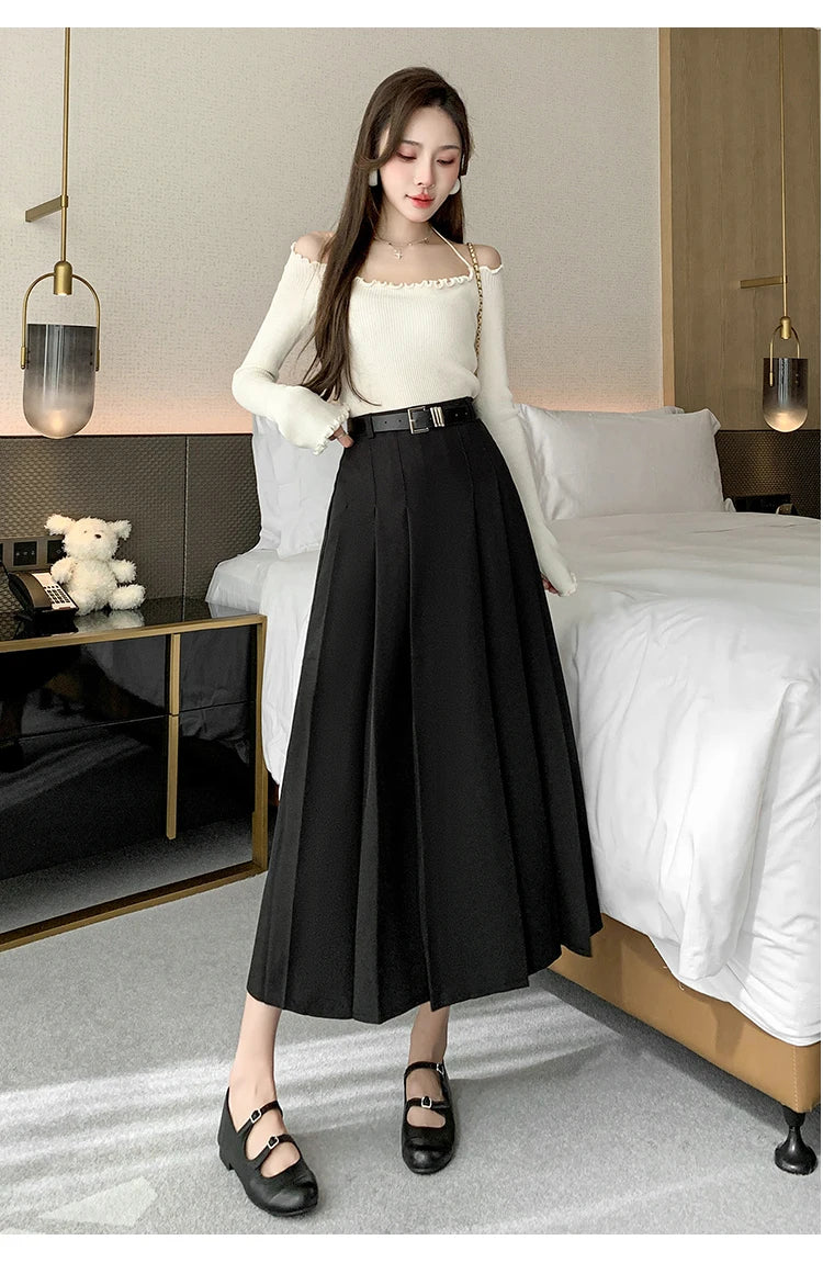 [EWQ] Elegant Solid Color Mid-Length All Match Skirt For Women 2026 Spring Summer Loose High Waist A-Line Pleated Skirts 16O9169