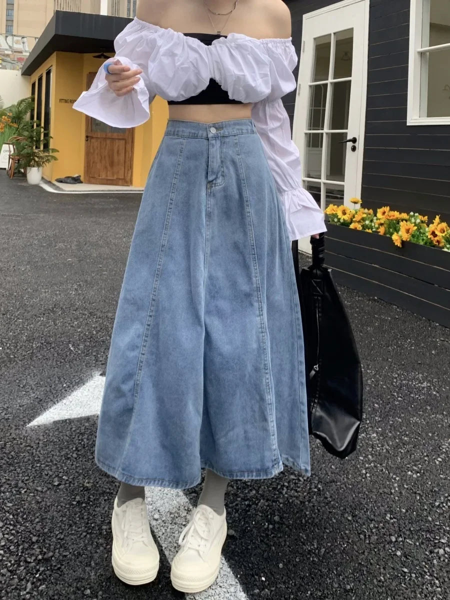 High Waist A- Line Midi Denim Skirt Women's Elastic Waist Design Sensation Slimming Long Skirt Summer Fashion Half-length Skirt
