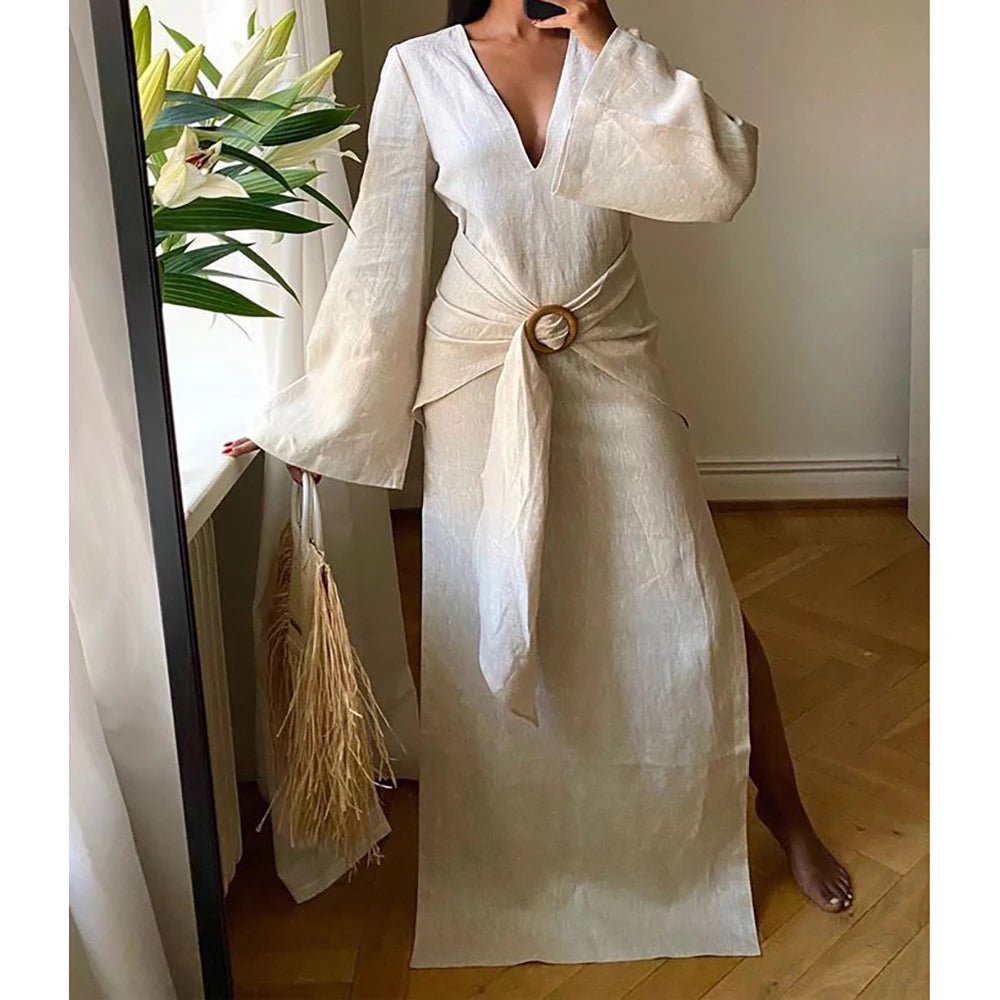Boho Chic Linen Women Maxi Prom Dress Long Sleeves V-Neck with Side Slits Beach Resort Simple Wear Party Evening Guest Gown