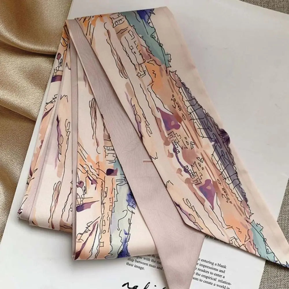 1pc French Scarf Butterfly Tie Hair Retro Oil Print Hair Ribbon Scarf Women Neck Tie Bag Headscarves Floral Bands Headband