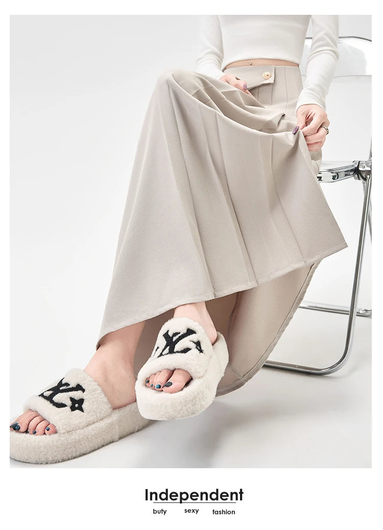 SMTHMA Women's High-Waisted Slimming Solid A- Line Skirt New Fashionable Big Umbrella Skirt Autumn/Winter Season Long Skirt