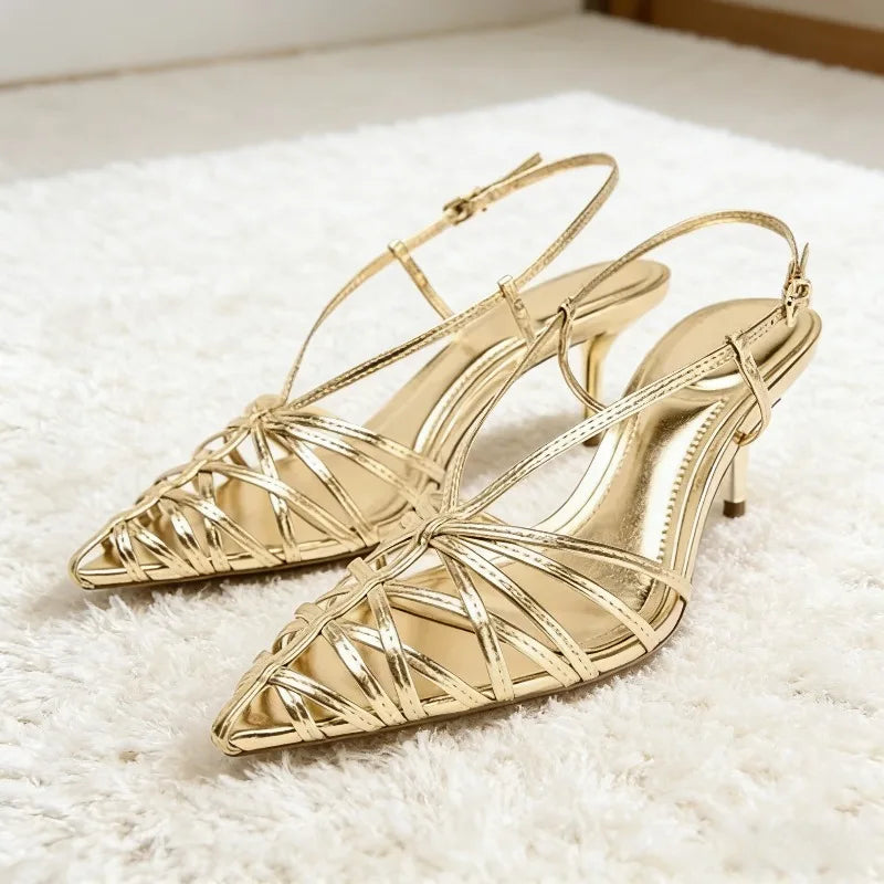 Luxury Gold Narrow Strap Heeled Sandals Women Sexy Pointed Toe Back Strap Roman Style Pumps Elegant Fashion Banquet Wedding Shoe