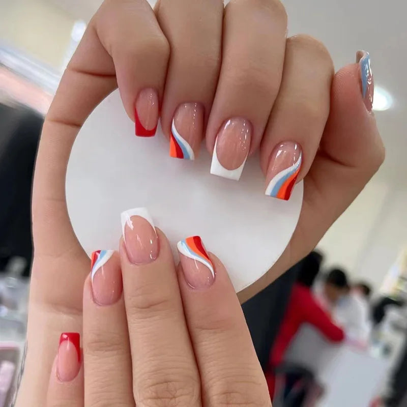 24Pcs French Tip Handmade Press On Nails Minimalist Solid Color Fake Nails Medium Square Full Cover Press On Nail Tips With Glue