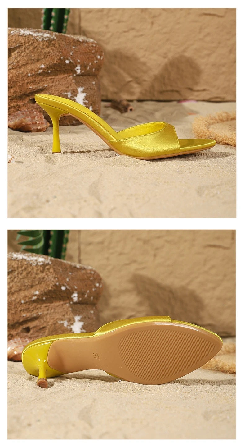 2026 New Arrival Women's Satin Mule Shoes High Heel Stiletto Slip On Sandals Fashion Elegant Party Wedding Shoes Champagne Beige