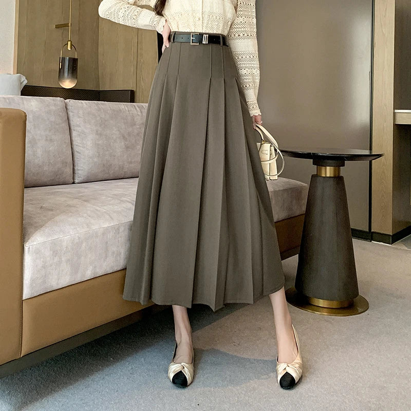 [EWQ] Elegant Solid Color Mid-Length All Match Skirt For Women 2026 Spring Summer Loose High Waist A-Line Pleated Skirts 16O9169
