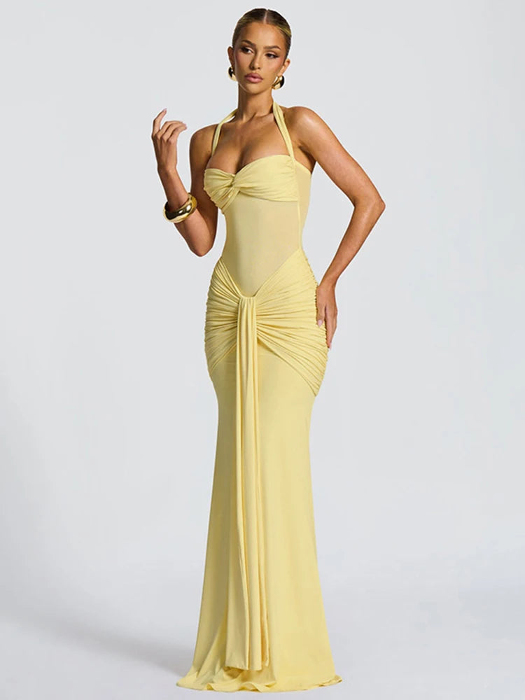 kliou Patchwork Elegant Women Maxi Dress Classic Sexy Sheer Ribbons Halter Backless Bodycon Female Trend Festival Evening Wear