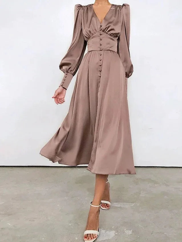 2026 Women's Fashion Satin Dress Lantern Sleeve Waist Slimming Style Elegant Slim Long Dress
