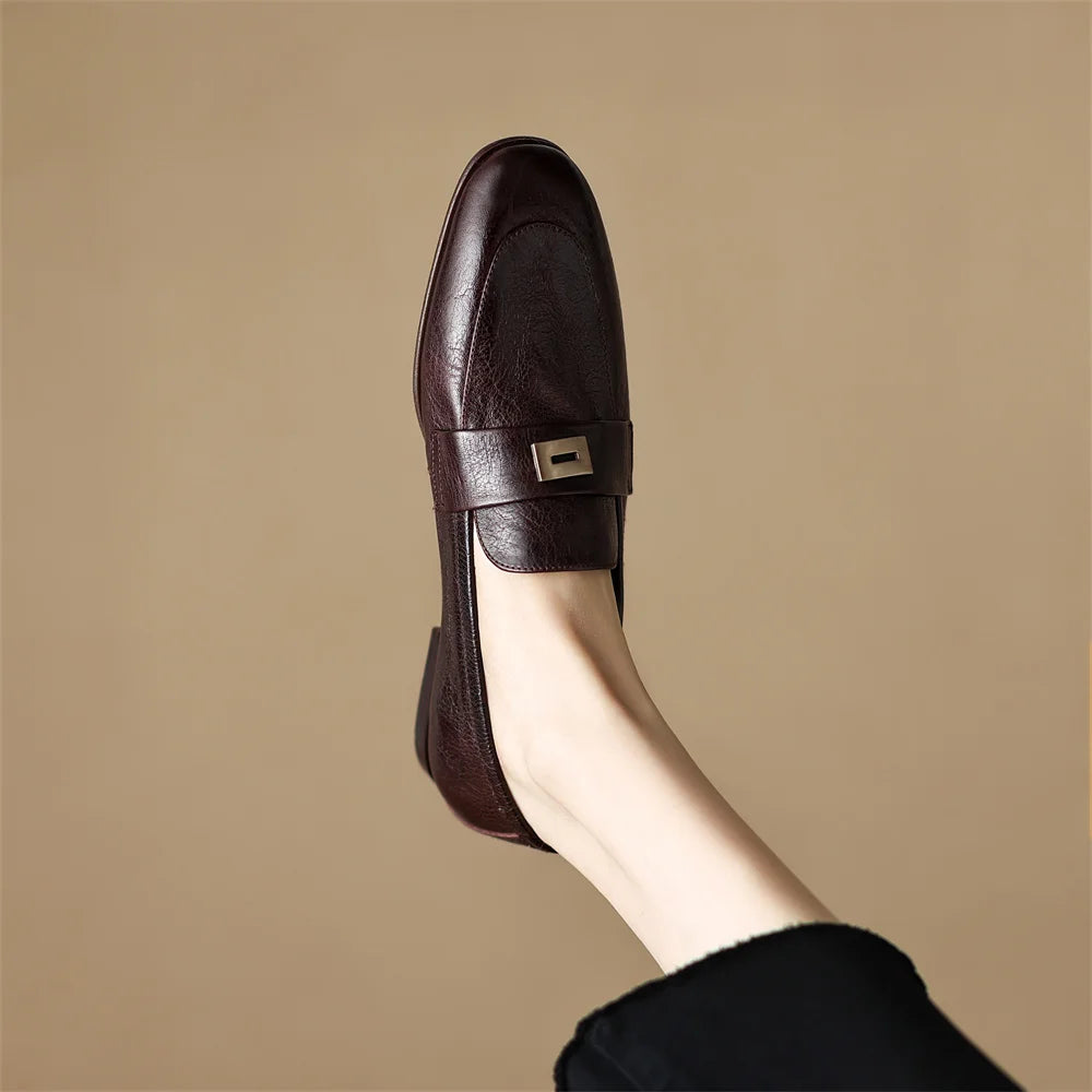 Danxuefei Women’s Leather Slip-On Loafers – Round Toe